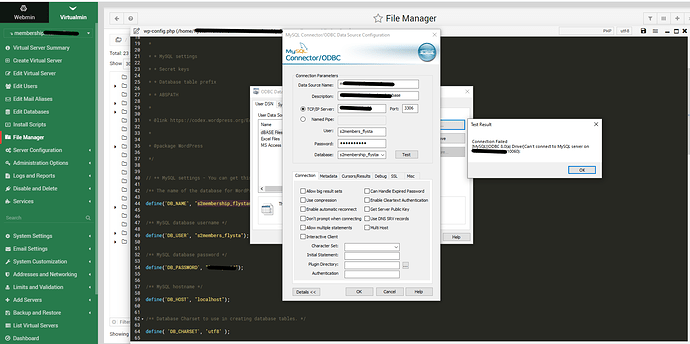 how to connect to virtualmin wordpress database via mysql ODBC in Windows