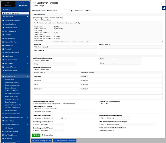 screenshot of Edit Server Template->Mail for Domain