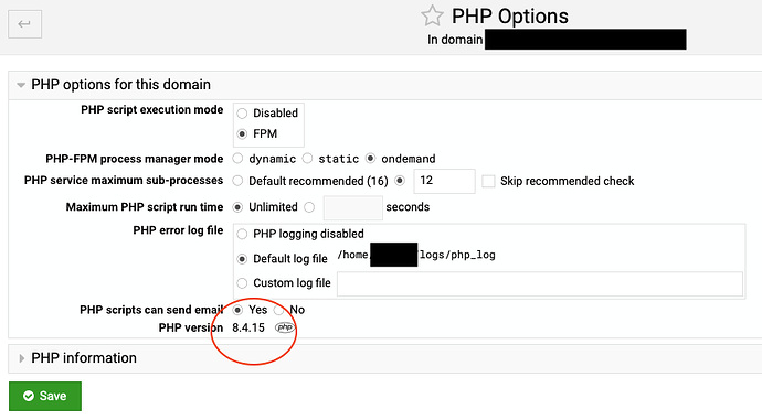 PHP Domain Options in Virtualmin