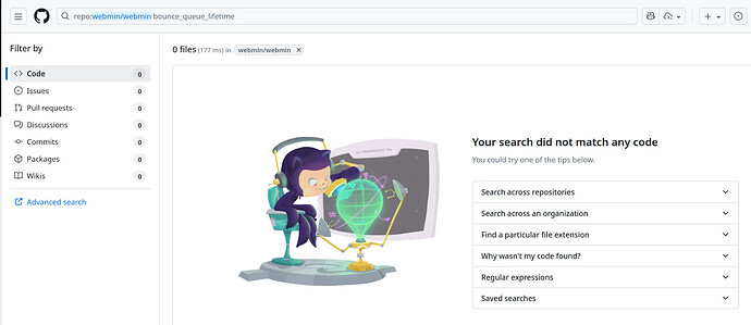 Screenshot of Github code search in the Webmin repository show no results for