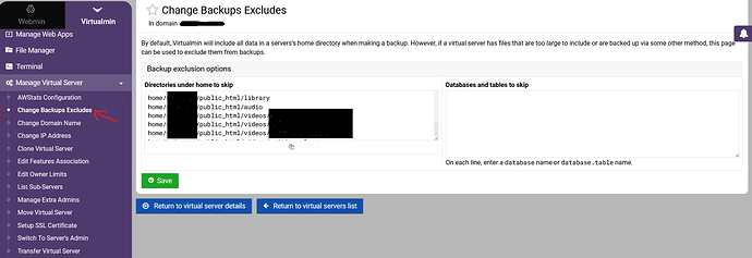 Change Backups Excludes — Webmin 2.610 (Ubuntu Linux 22.04.5)