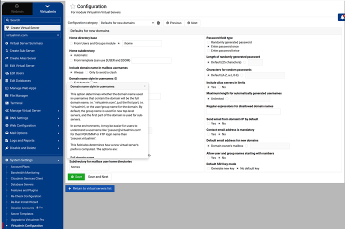Screenshot of Virtualmin Configuration-Defaults for new domains with the tooltip for "Domain name style in usernames"