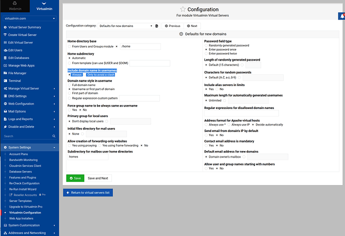 Screenshot showing Virtualmin Configuration->Defaults for new domains with "Include domain name in usernames" highlighted