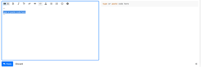 screenshot of the text editor of this forum, showing the preformatted text icon highlighted and a set of triple backticks displayed in the edit window