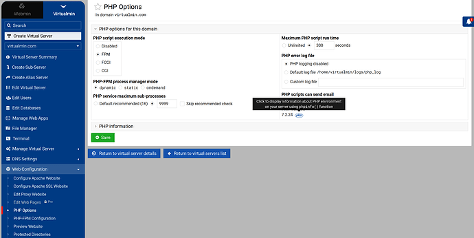 screenshot of Web Configuration->PHP Options
