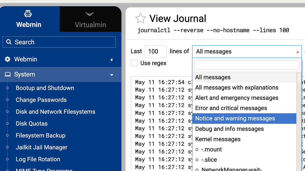 Cannot select logs from dropdown menu in System Logs - Webmin ...