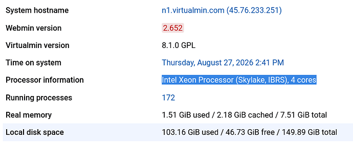 screenshot of Virtualmin dashboard