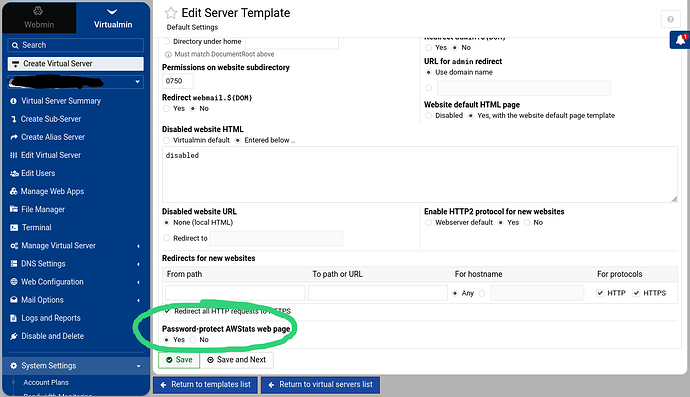 Edit Server Template — Webmin 2.670 on s1 (Ubuntu Linux 24.04.5)