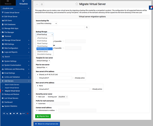 screenshot showing Migrate Virtual Server page with "Plesk 9+ backup" selected