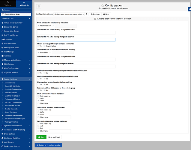 Screenshot of Virtualmin Configuration->Actions upon server and user creation